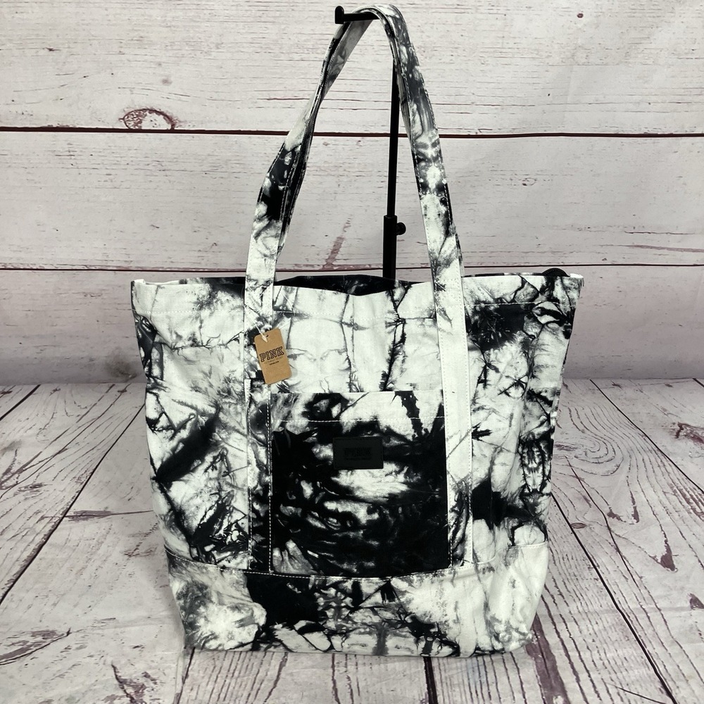 Victoria Secret PINK Tote Bag Tie Dye Black White Large Canvas Carryall NWT